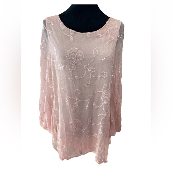 Belle France silk blend bat wing soft pink chiffon‎ overlay blouse ladies small - Picture 1 of 11